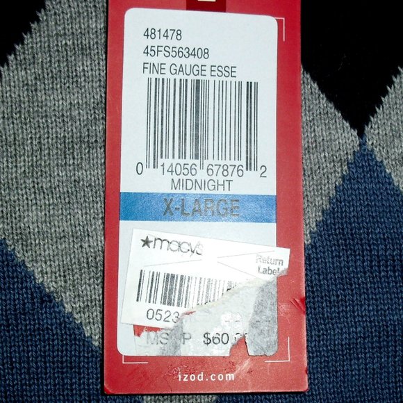 Izod $60 Mens Navy Blue Light Blue Grey Argyle Print Sweater shirt sz. XL New - Picture 3 of 5